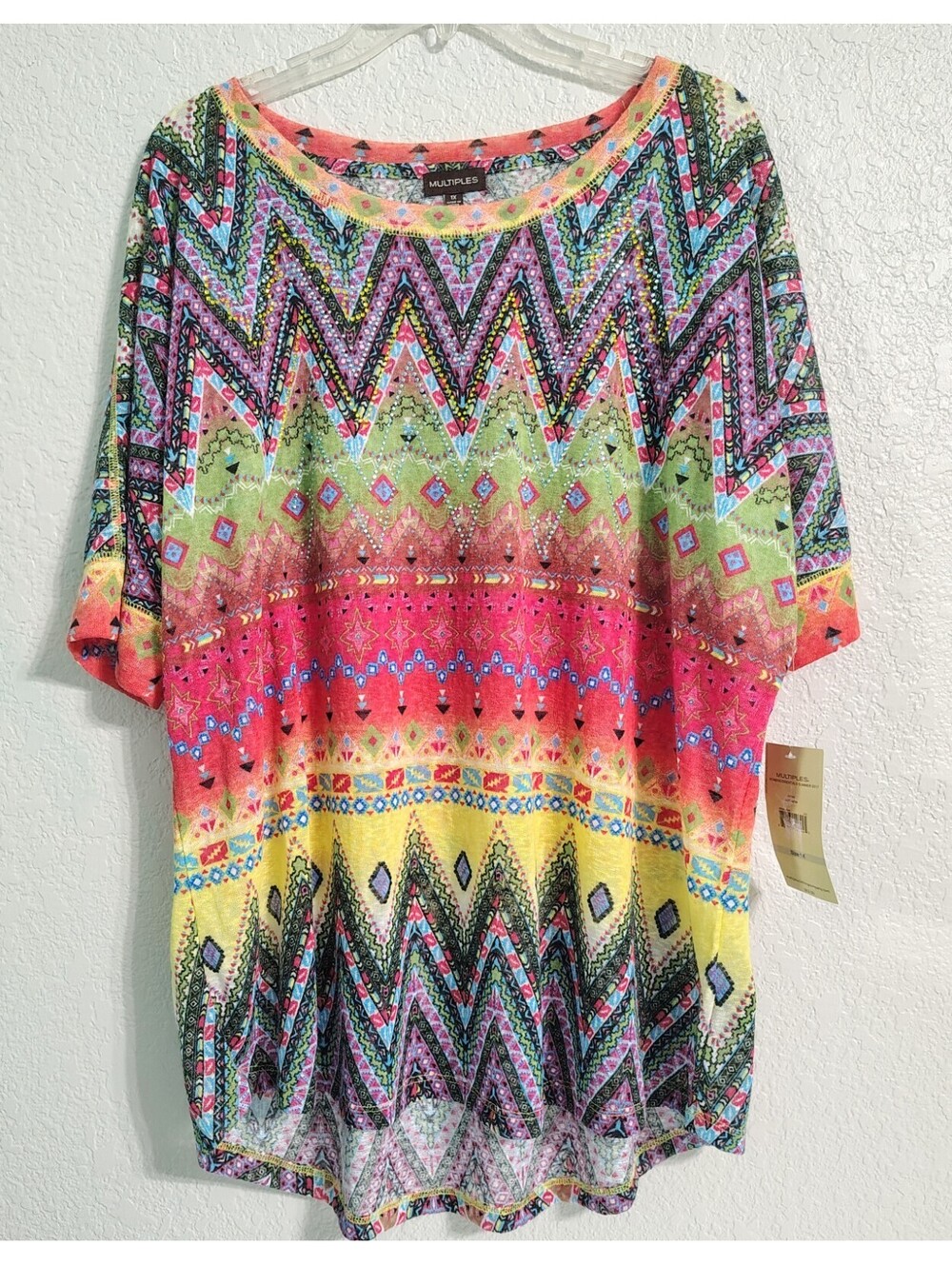 Multiples Women's Multicolor Aztec Blouse With Metal Accents 1X NWT